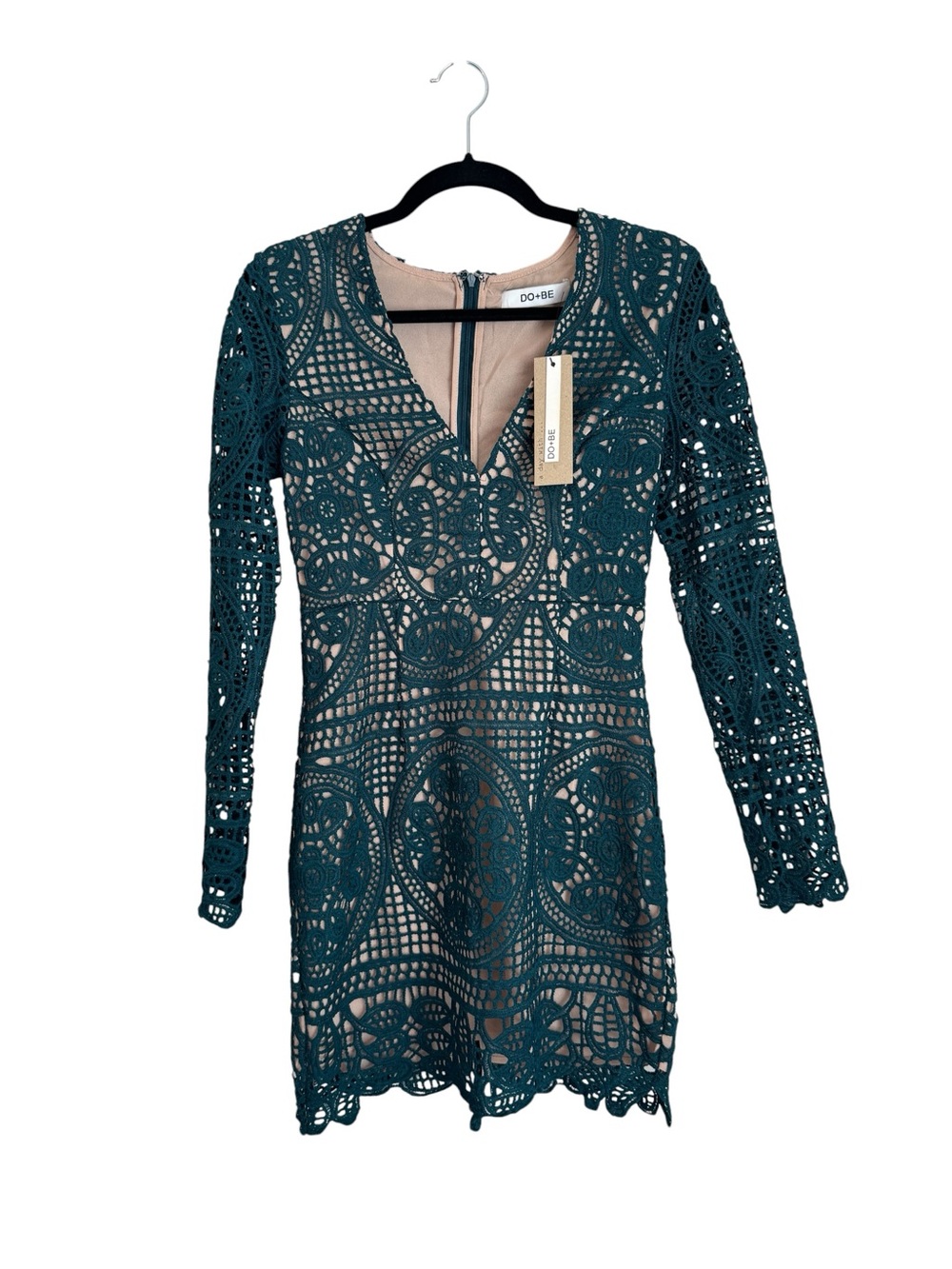 NWT DO+BE Green Crochet Lace Long Sleeve Mini Dress V Neck Lined Size S